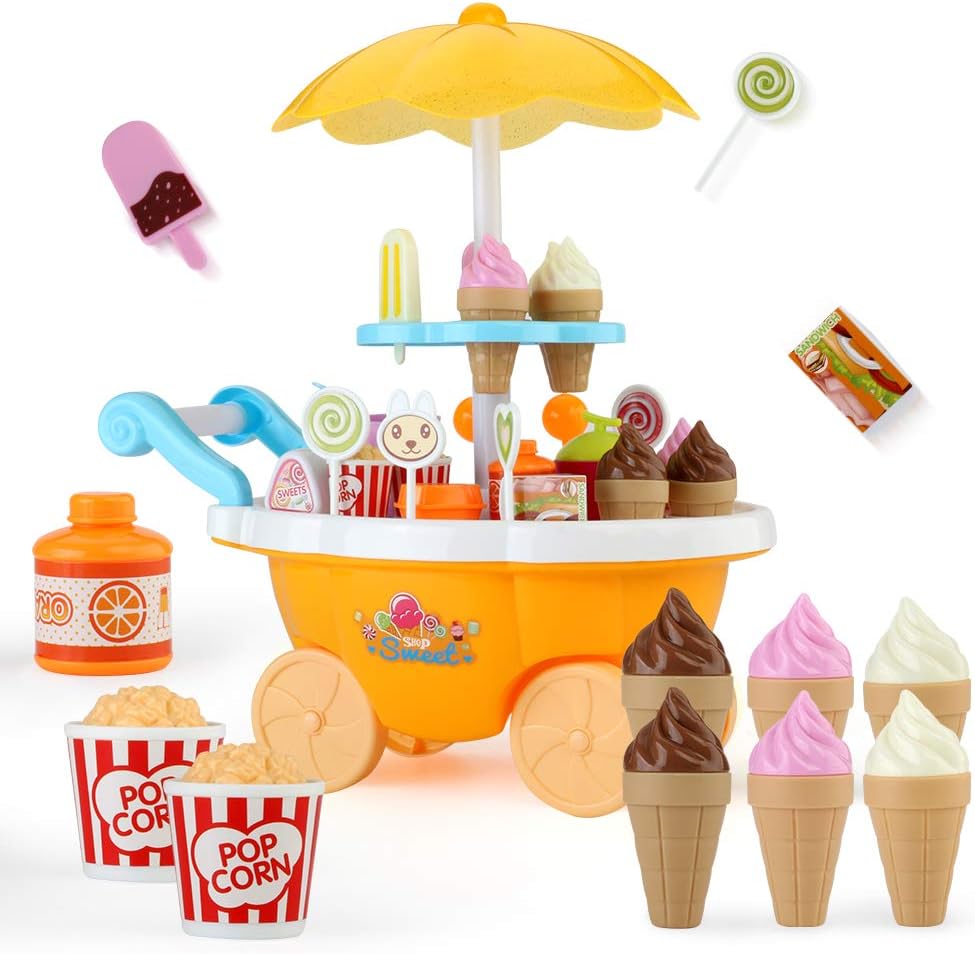 Sotodik Ice Cream Candy Cart 39 PCS Pretend Play Food Dessert and Cash Trolley Set Toys with Music and Lighting Kids and Girls Toyselody for Girls and Kids (Yellow)