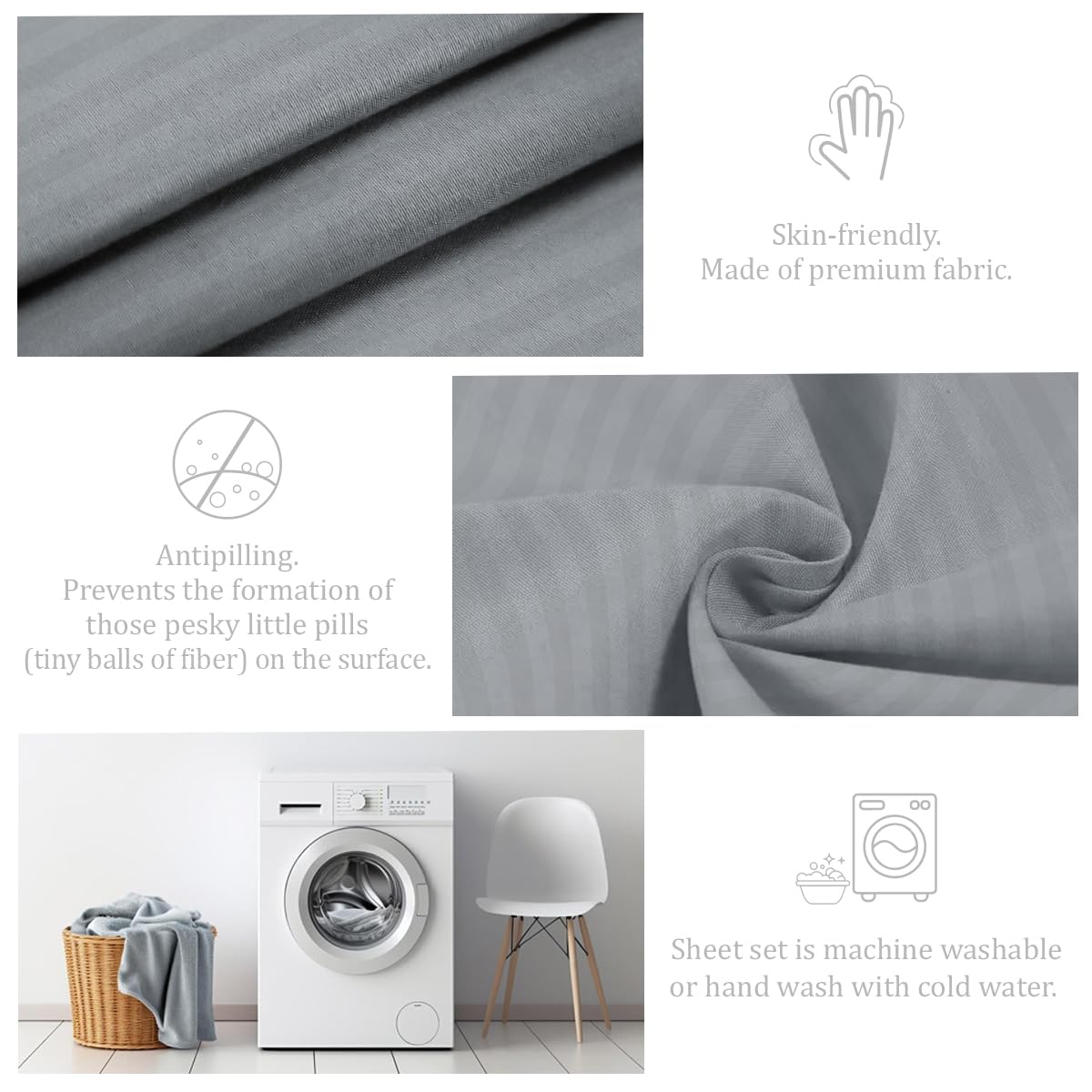 BLISSI HOME Queen Sheet Set - 4 Pc, Grey, Deep Pocket Microfiber With Ruched Design - View #6