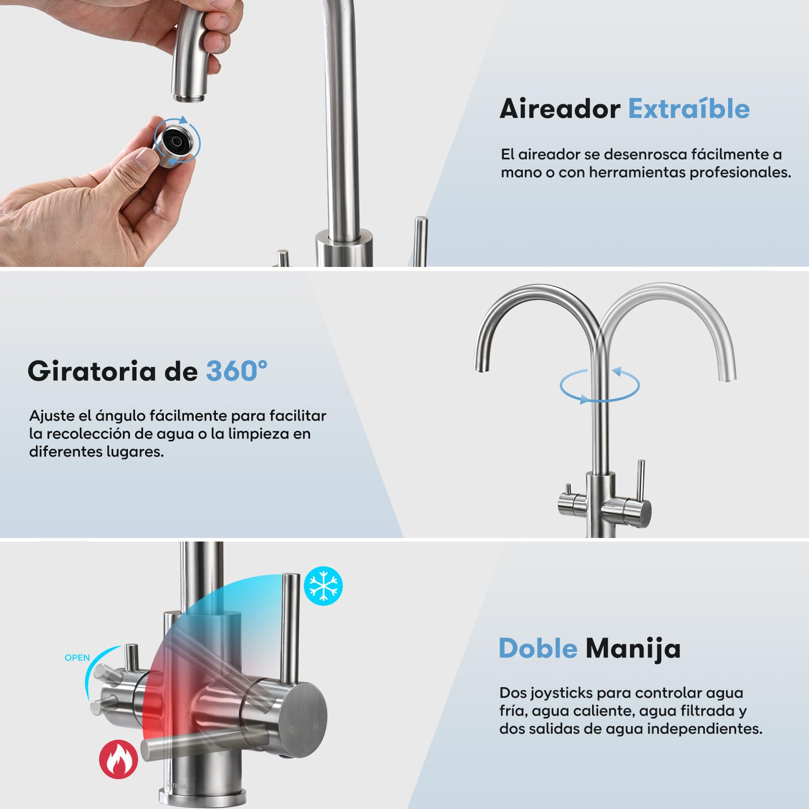 Grifo para Fregadero de Cocina de 3 Vías, DETBOM Mezclador para Sistemas de Ósmosis Inversa, 3 en 1 con Doble Palanca para Agua Potable, Grifo Giratorio a 360°, Acero Inoxidable, Plata Cepillada