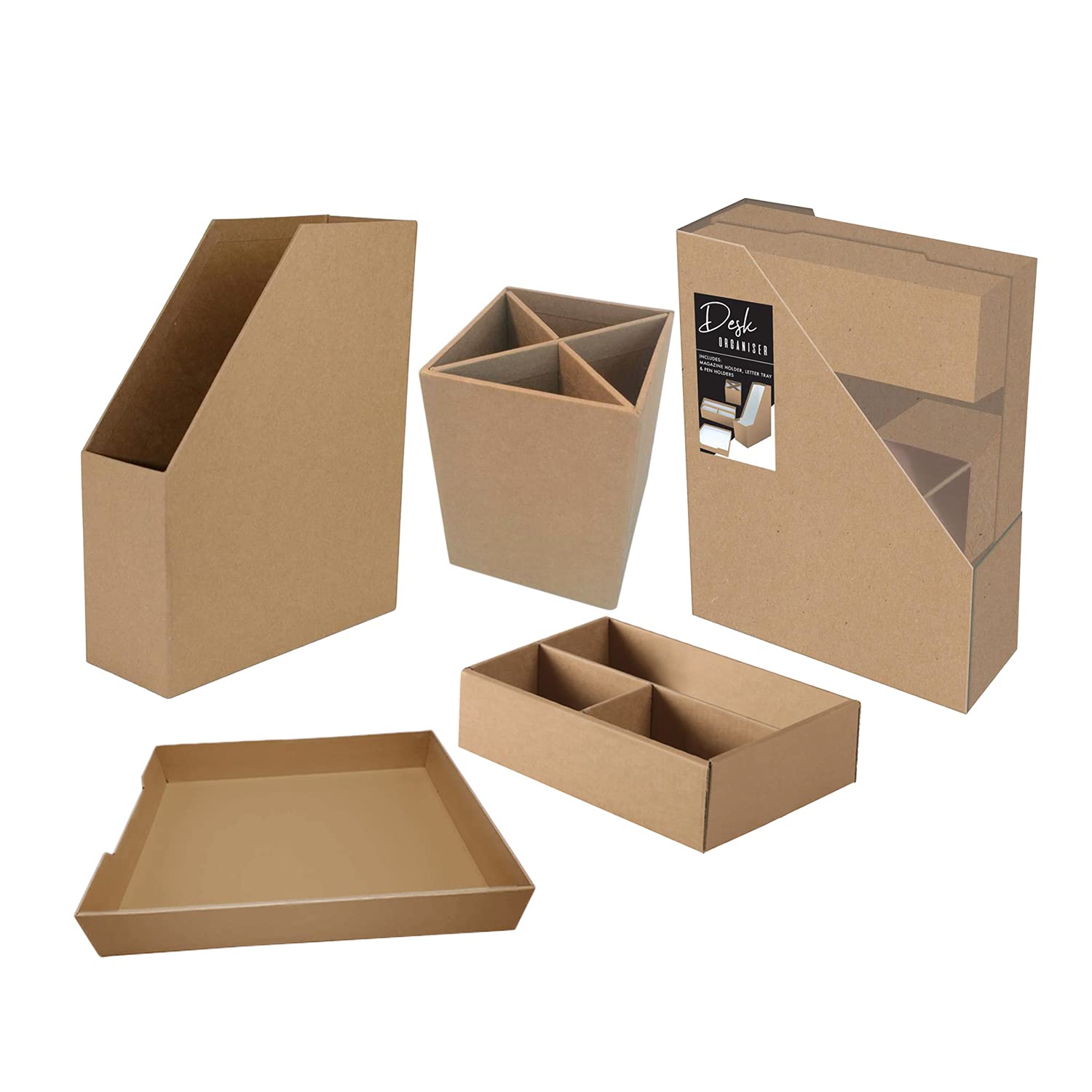 M1ss Brown Desktop Organiser Set With Document & File Holder, Letter Tray, Pen Holder And Storage Box, Kraft Cardboard Desk Storage Organiser For Files, Folders, Paperwork, Stationery, Home Office And Study