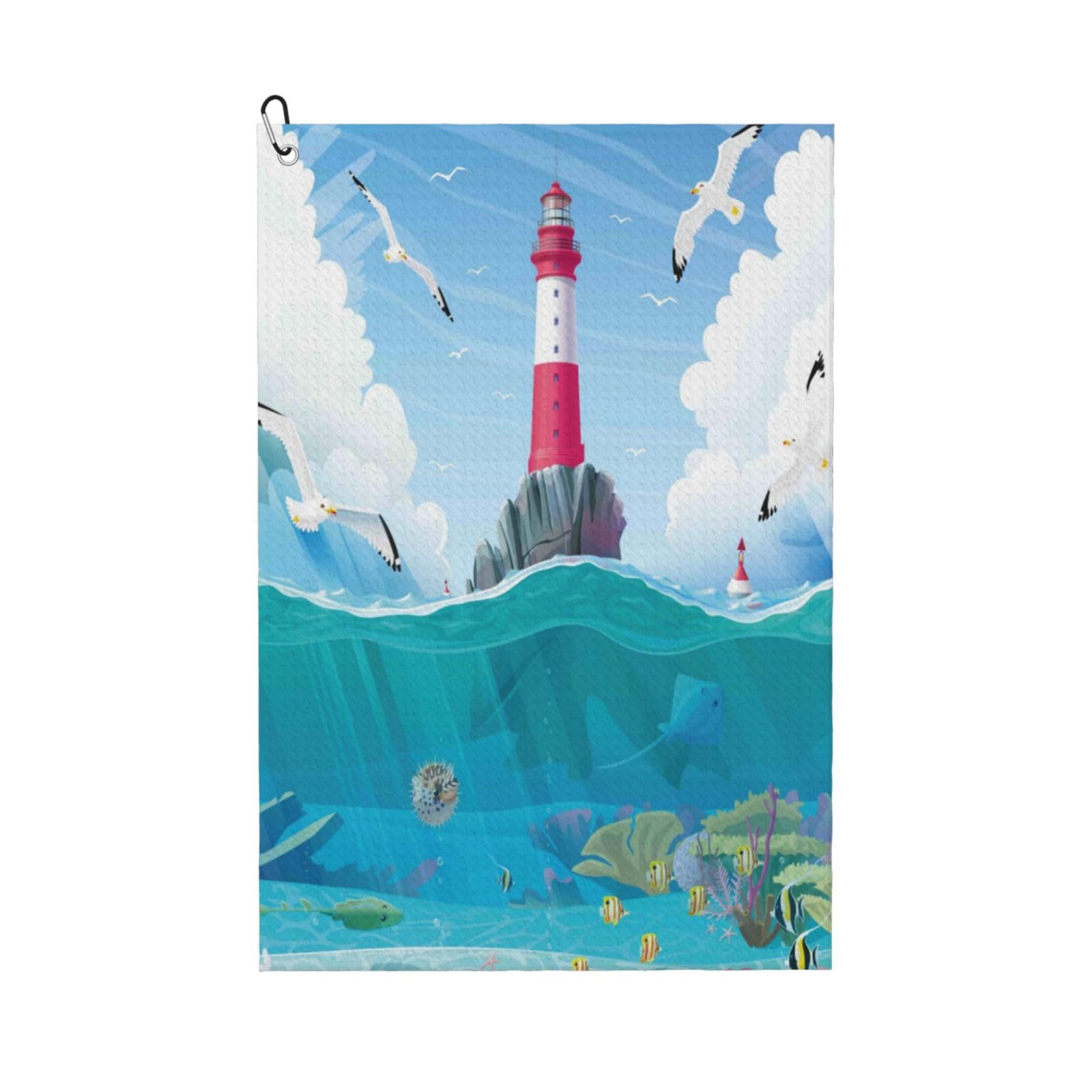 AOOEDM Lighthouse Sea Port Print Golf Towel with Carabiner Clip Absorbent Microfiber Golf Towel for Cleaning Golf Ball Club Putter Iron for Golf Bag Trolly Belt Loop 16" X 24"