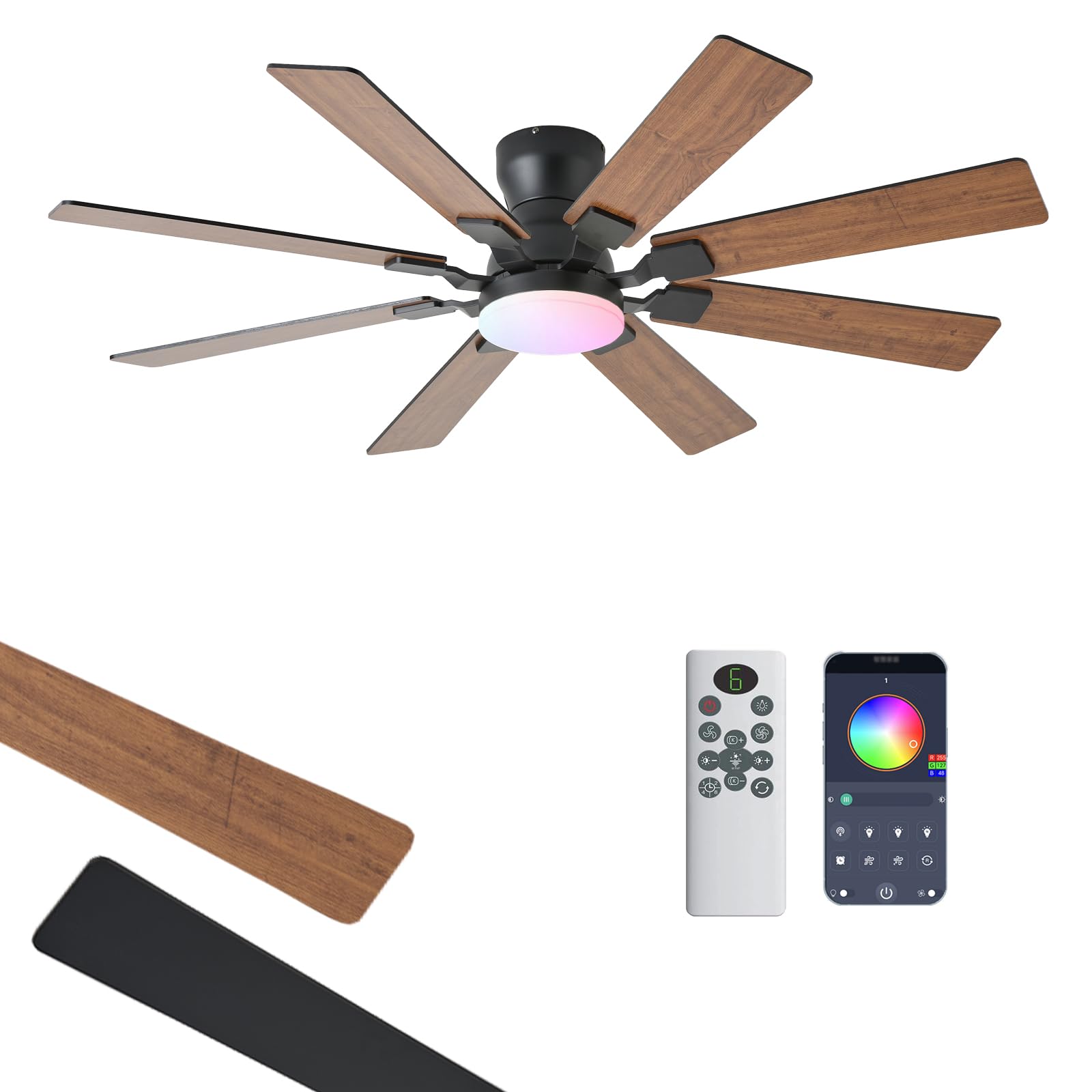 52 inch Ceiling Fan with Light 6 Speeds Reversible Low Profile Ceiling Fan with Light and Remote APP