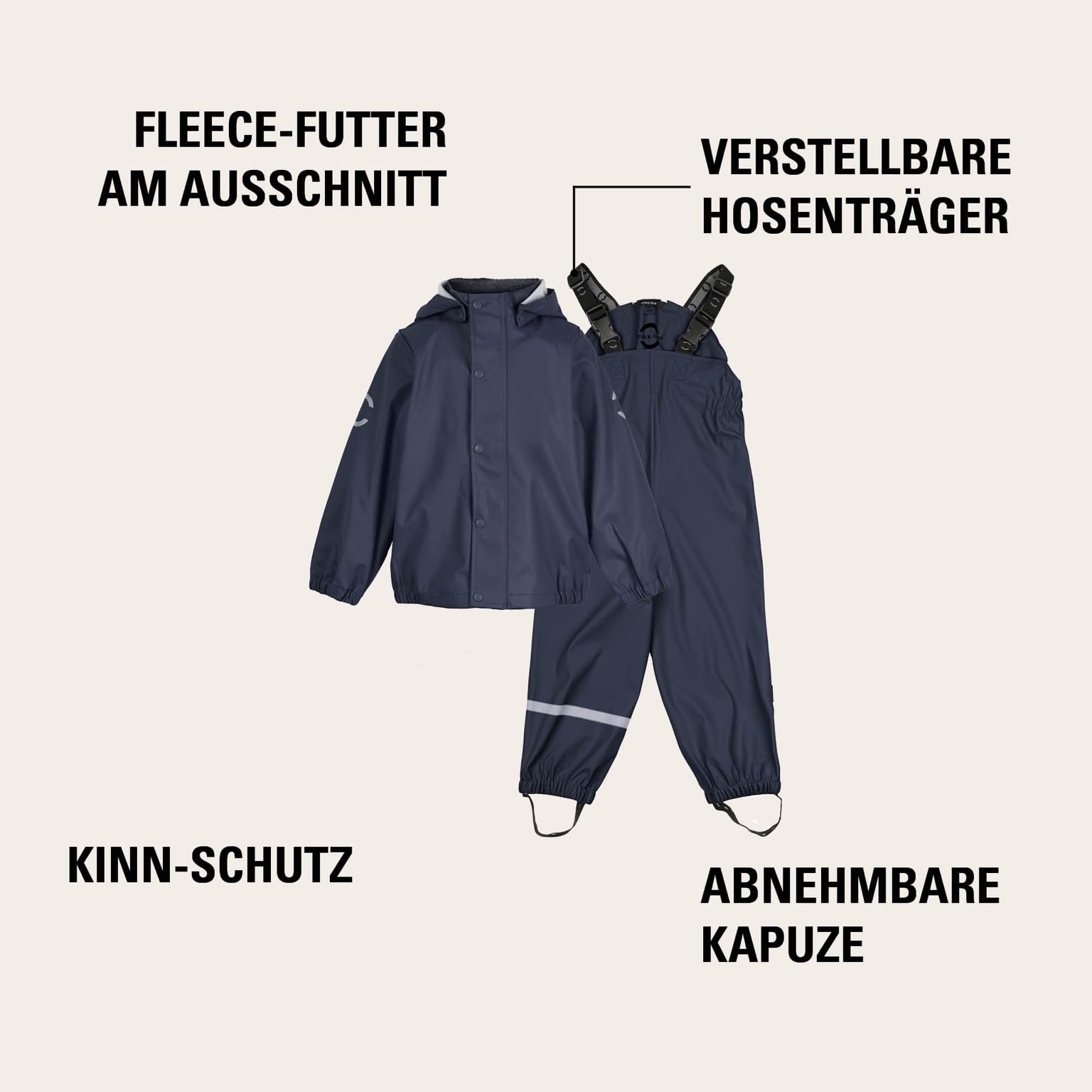 Mikk-line PU Zweiteiliger Regenset mit Trägern | Oeko-TEX Standard 100 | 100% recyceltem PU-Material | Für Jungen Und Mädchen | Regenhose und Regenjacke | Reflektierenden Details