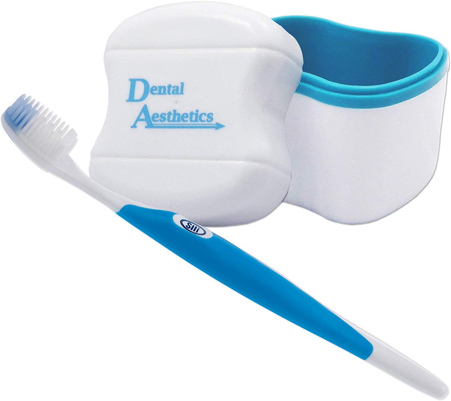 Denture Bath & Silicone Toothbrush for Valplast Flexible Dentures ~ Storage Container & Brush (Blue Bath, Blue Brush)