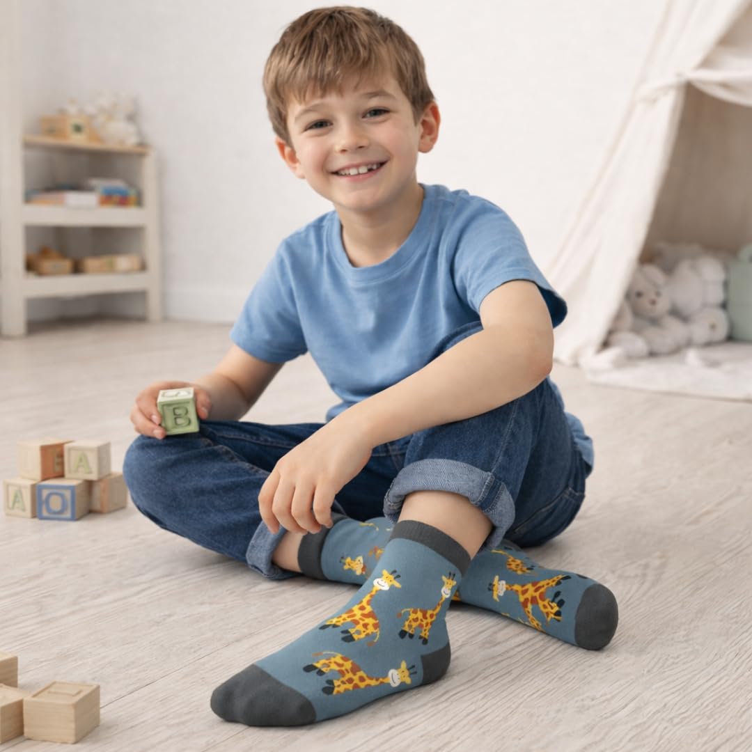 Sockscarving Kids Crew Length Socks Pack of 5, Cute Cartoon Giraffe Printed Cotton Socks for Boys & Girls, Soft Breathable Stretchable Daily Wear Socks for Kids, Anti Slip Comfort Fit 3