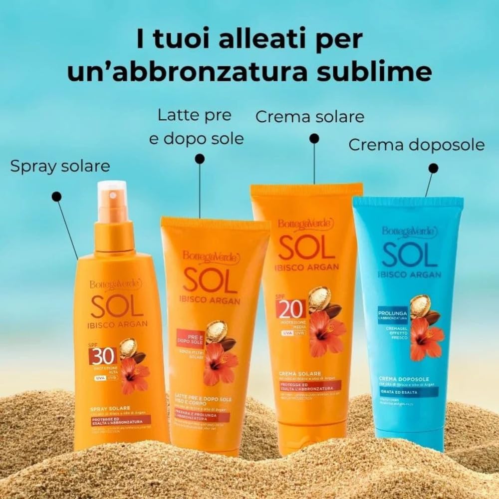 Bottega Verde - SOL Ibisco Argan, Latte Presole e Doposole Viso e Corpo, 200ml, Idrata e Prolunga l'Abbronzatura, Senza Filtri Solari