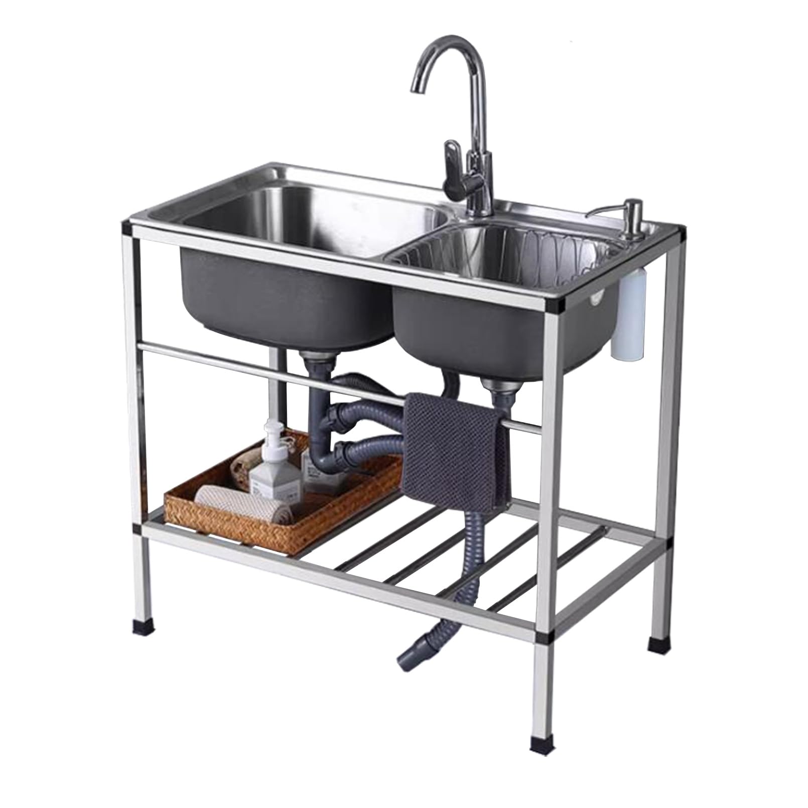 LMYSXAOZ Garage Sink, Stainless Steel Kitchen Sinks Double Bowl Utility Free Standing Washing Hand Basin with Cold Hot Faucet, Household Farmhouse Laundry Overmount Sink