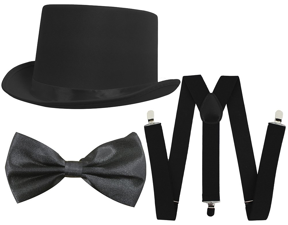 UNISEX FANCY DRESS DANCE SHOW ACCESSORIES - BLACK SATIN TOP HAT, BLACK BOW TIE AND BLACK BRACERS -PERFECT FOR ST PATRICK'S DAY COSTUMES, STEAM PUNK COSTUMES OR DANCE SHOWS — image 1
