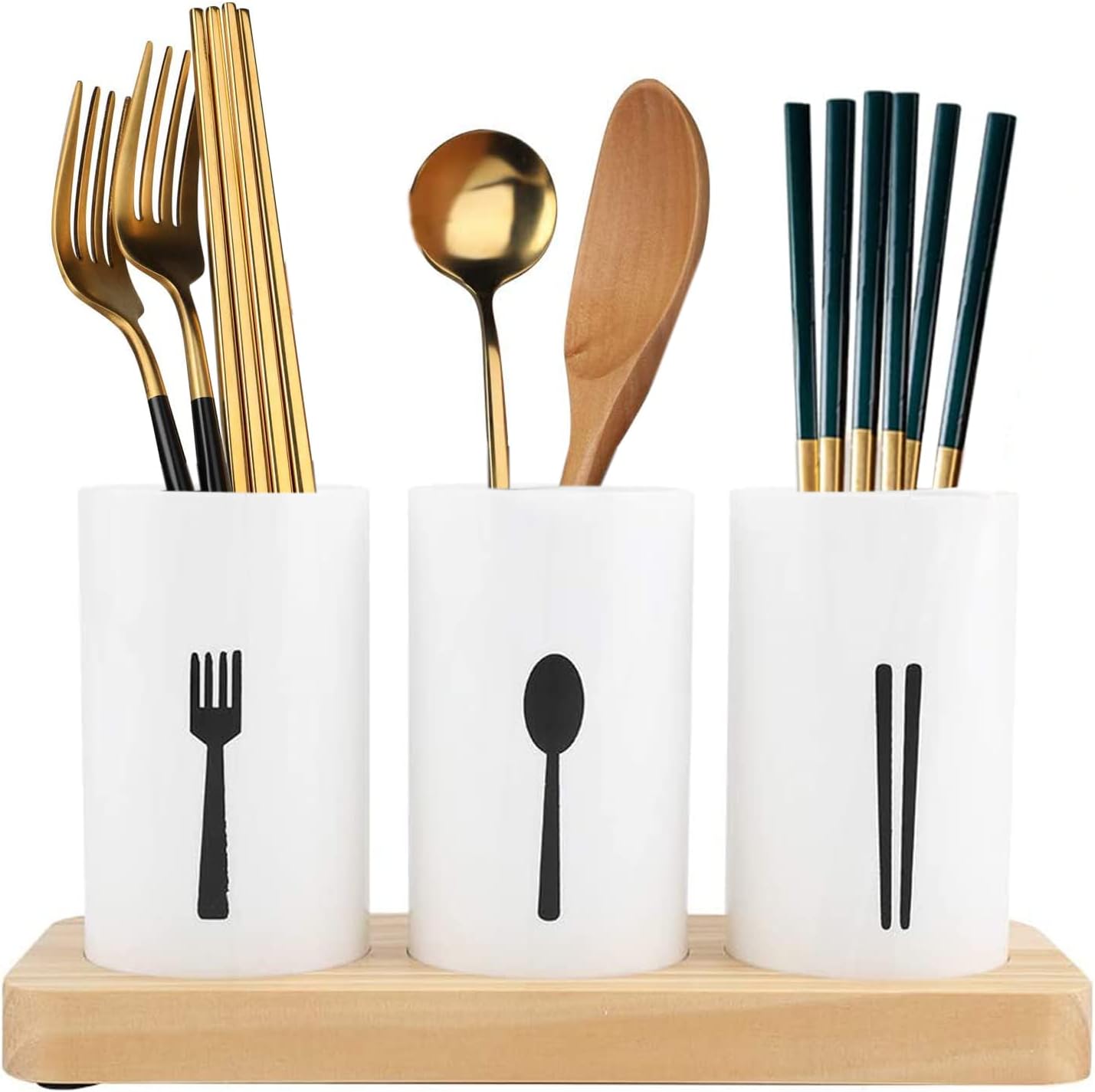 U-HOOME Kitchen Utensil Caddy,Flatware Organizer with Wood Base,Caddy Utensil Holder,Countertop Kitchen Utensil Organizer Flatware Caddy for Storing Cutlery, Spoons, Cooking Utensils, Gadgets