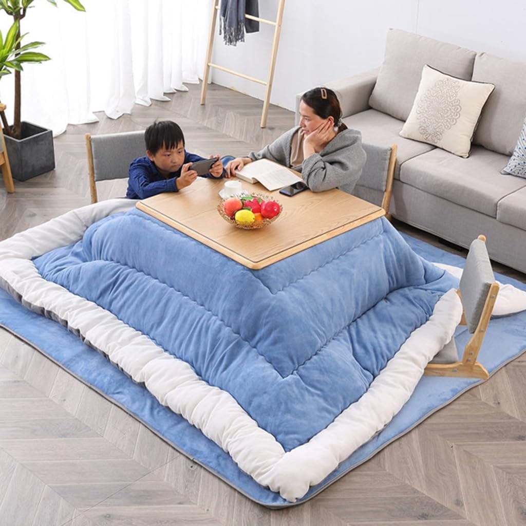 Stół Grzewczy Kotatsu Dębowy Stół Grzewczy W Stylu Japońskim Stół Kotatsu Domowy Stolik Kawowy Tatami Niski Stół Potrzeby Zimowe, Blue, 80 * 80 * 45cm