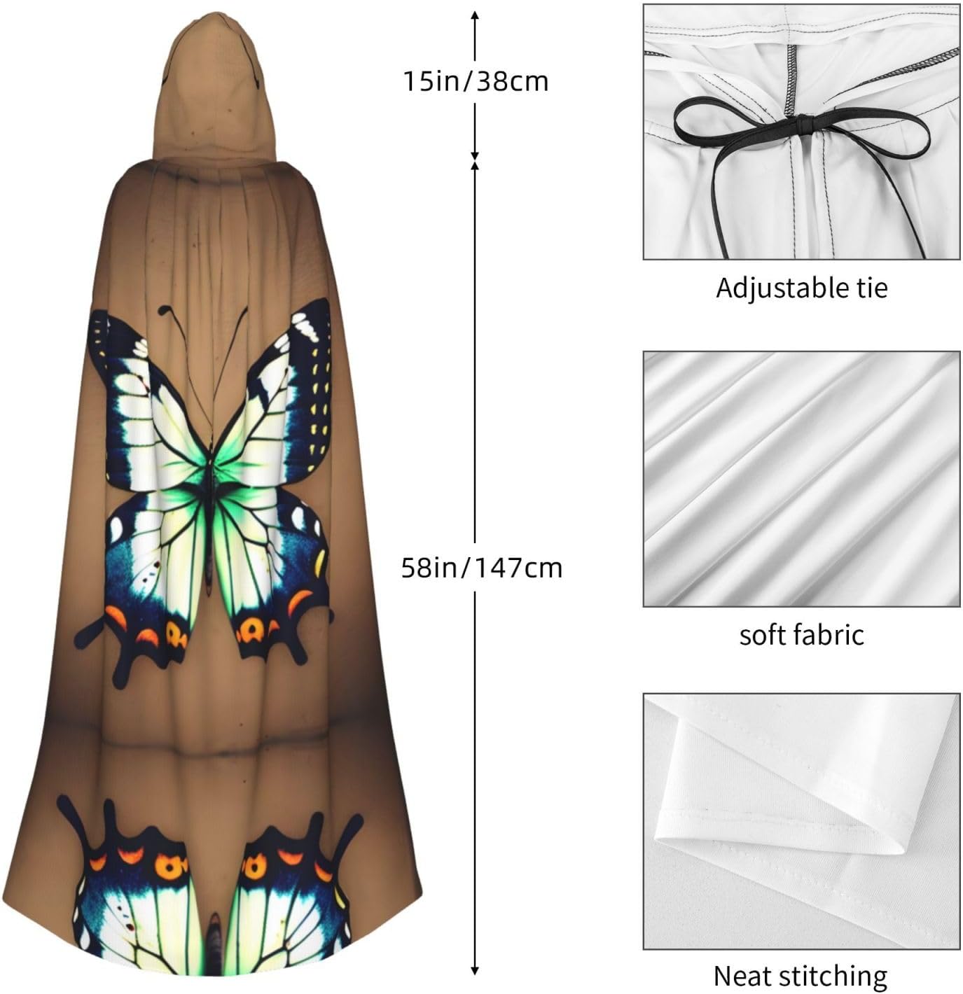 Cute Little Butterfly Halloween Adult Hooded Cape, Hooded Robe Cape, Women's Men's Halloween Dress Up Party Cosplay Costumes. Black