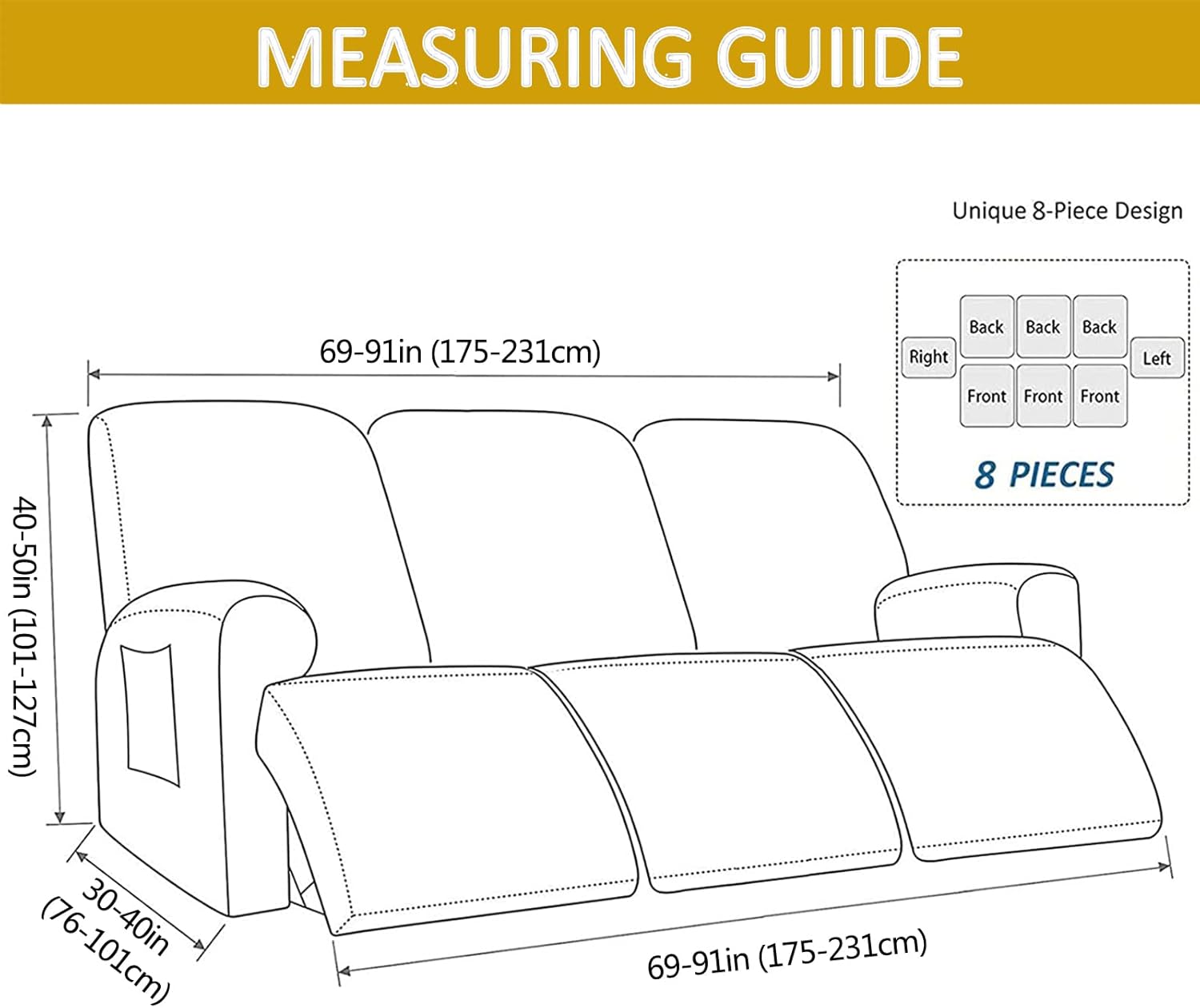 Stretch Recliner Slipcover 8-Pieces, 3 Seater Reclining Sofa Covers Furniture Protector Couch Covers with Elastic Bottom (Blue,3 Seater)