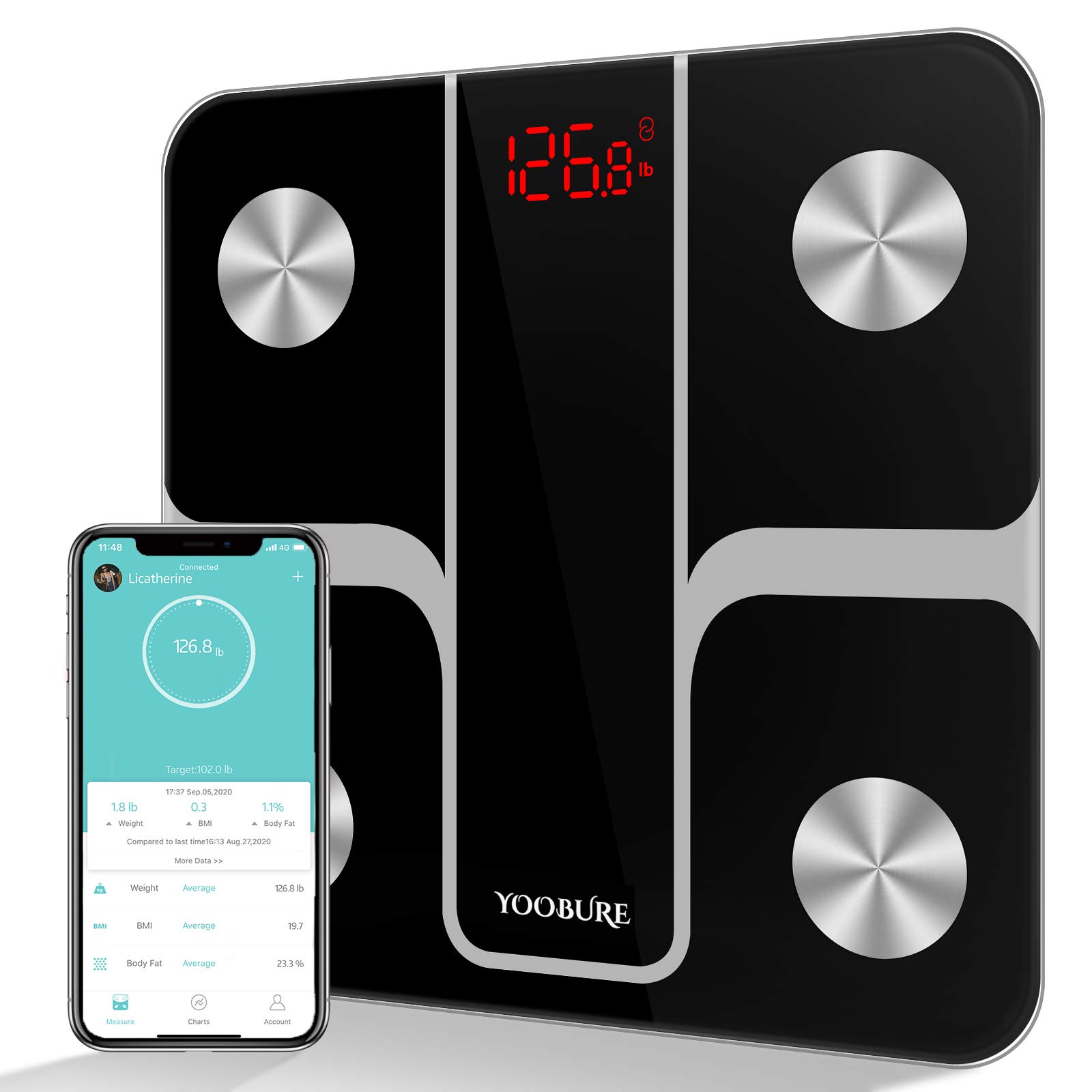 Yoobure Body Fat Scale Smart BMI Scale Digital Bathroom Wireless Weight Scale, Bluetooth Body Composition Analyzer Health Monitor with Tempered Glass Large Platform