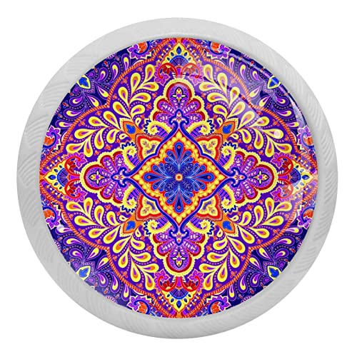 Paquete de 4 pomos de cristal fluorescencia vintage con forma de mandala floral de mandala para gabinetes de cocina, aparador, armario, tiradores
