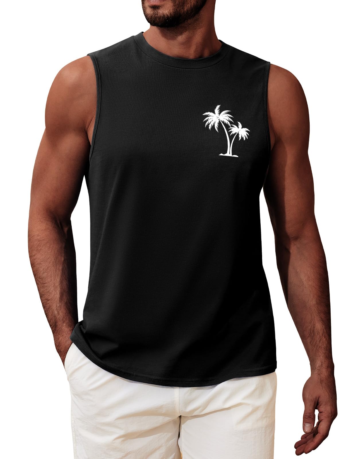 UMIPUBO Tank Top Herren Sommer Ärmellos Achselshirt Sport Muskelshirt Baumwolle Unterhemd Fit Workout Palme Gedruckt Strand Urlaub Männlich Lässig Leichtes Top