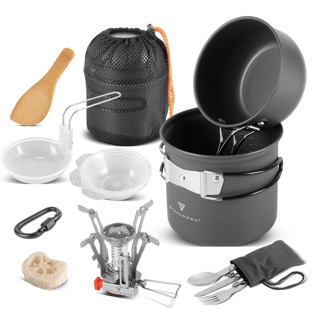 STAHLWERK Camping-Kochgeschirr-Set Aluminium-Campinggeschirr Komplett-Set mit Topf, Pfanne, Gaskocher, Plastikschalen und Besteck