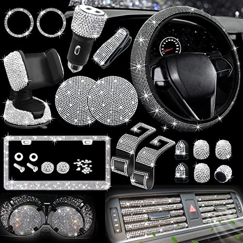 27 PCs Bling Car Accessories Set for Women, Bling Steering Wheel Covers Universal Fit 15 Inch, Bling License Plate Frames, Bling Phone Holder, Bling Car Fast Charger, Bling Car Coasters