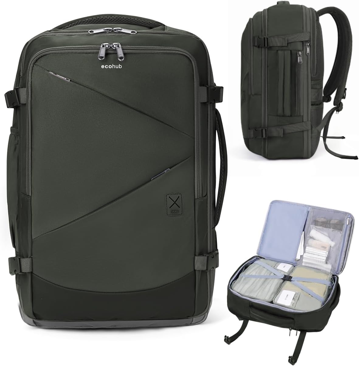 carry on travel backpack green showing USB port and wet pocket