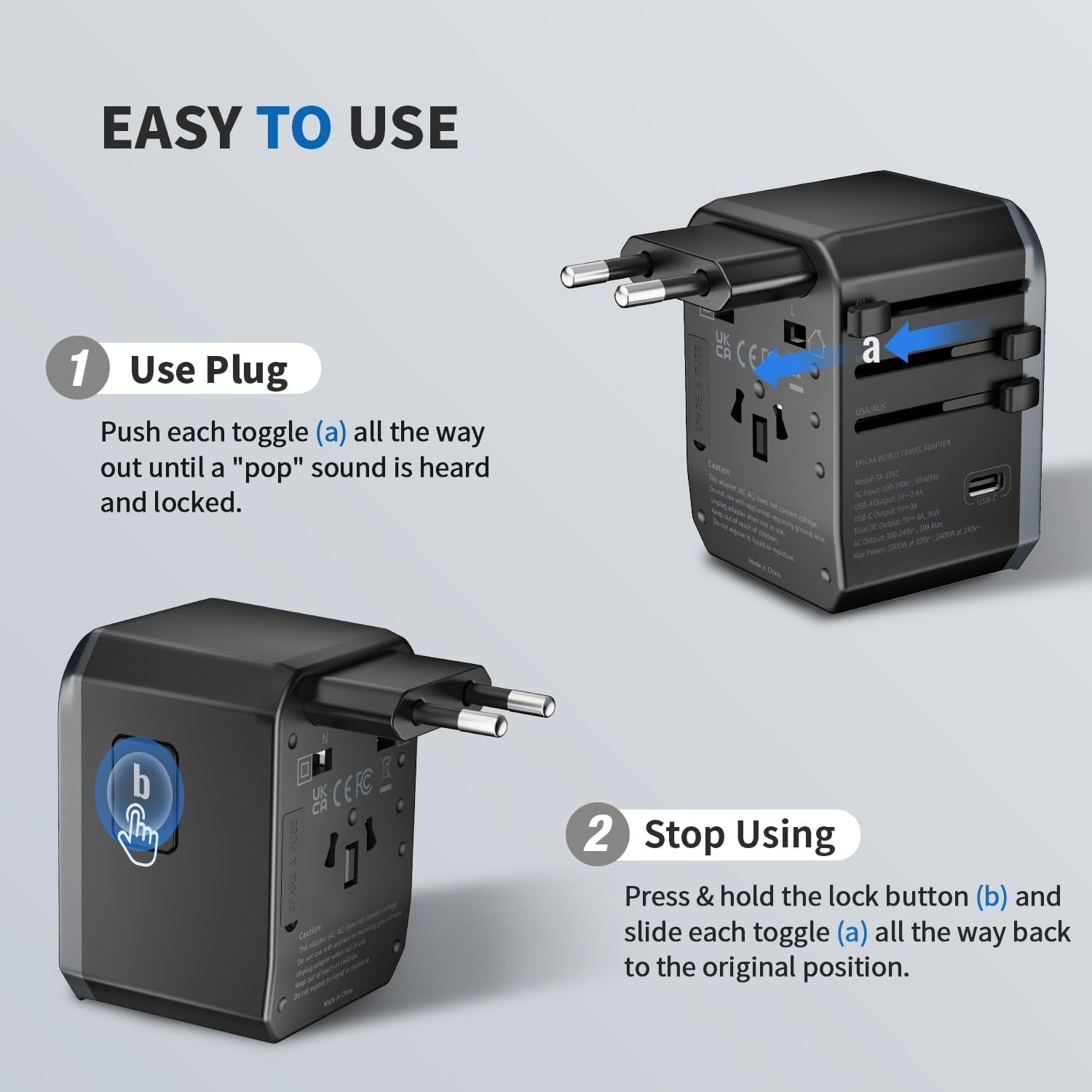 EPICKA Adaptateur Prise Universelle de Voyage, Prise Universelle Voyage 30W, Adaptateur Universel de Voyage avec 2 USB et 3 USB C, Adaptateur International vers USA Japon Canada UK Francais, Noir