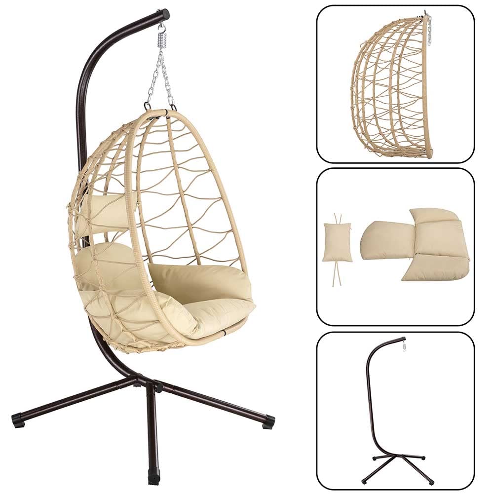 Bakaji Sillón Colgante de jardín, Silla Mecedora Hamaca para Exterior, Estructura de Metal Nido de ratán y Cuerda + cojín Asiento Acolchado y reposacabezas, diseño Moderno, 198 x 110 x 95 cm (Beige)