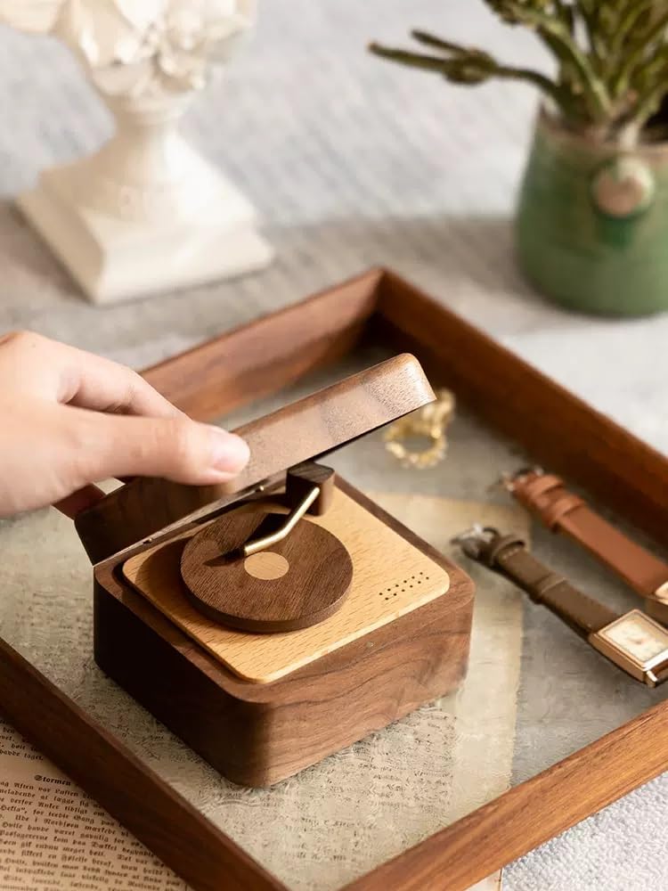 WONQEXZ Vintage Style Music Box,Vintage high-end Vinyl Record Player Music Box, rotatable Wooden Octave Box(Music: Sky City)