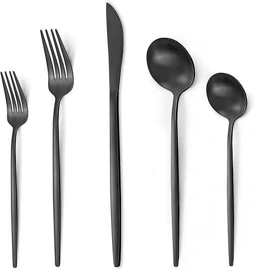 20 Pieces Silverware Set,Matte Black Stainless Steel Flatware Cutlery Set Service for 4, Stain Finish Kitchen Utensil Set,Include Dinner Knives Forks and Spoons Silverware, Dishwasher Safe