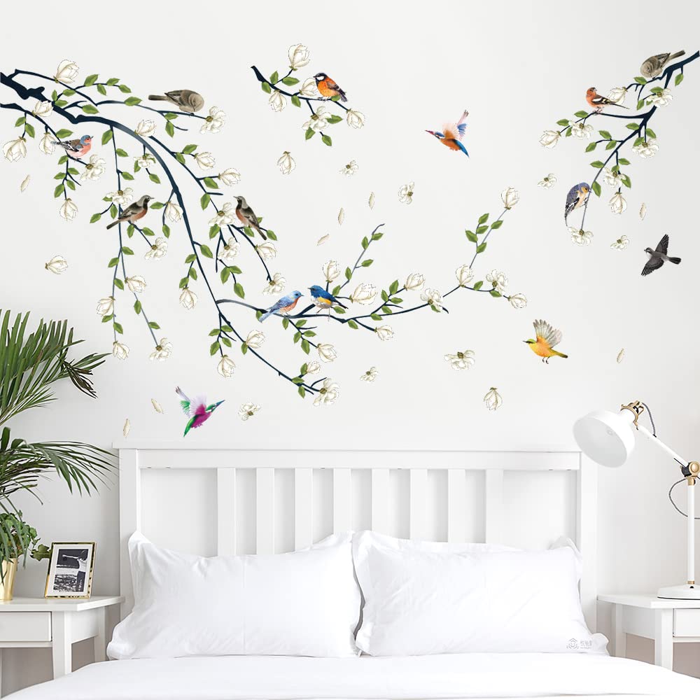 DRWSSR Green Vine Wall Decal White Flowers and Birds on Branch Natural View Wall Sticker DIY Detachable Peel and Stick Wall Art Mural for Living Room