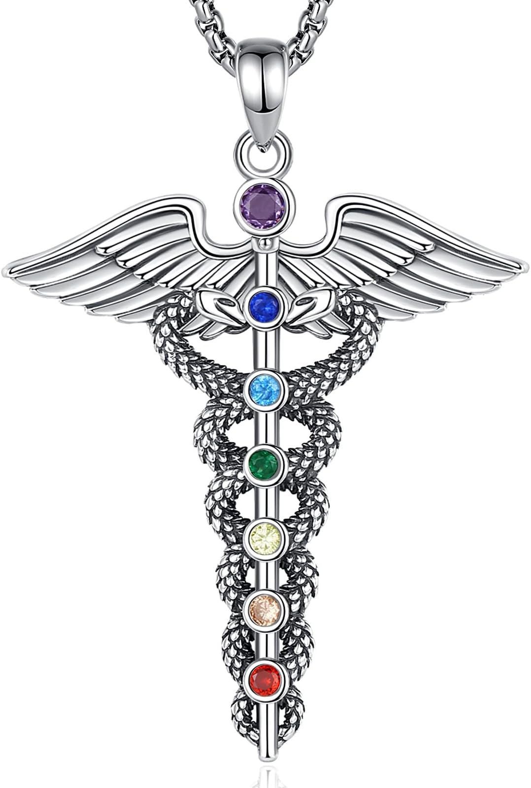 925 Sterling Silver Caduceus Necklace for Women Men, Medical Symbol Rod of Asclepius Angel Wings Protector Pendant Jewelry Amulet Gift for Doctor Nurse, 20+2"