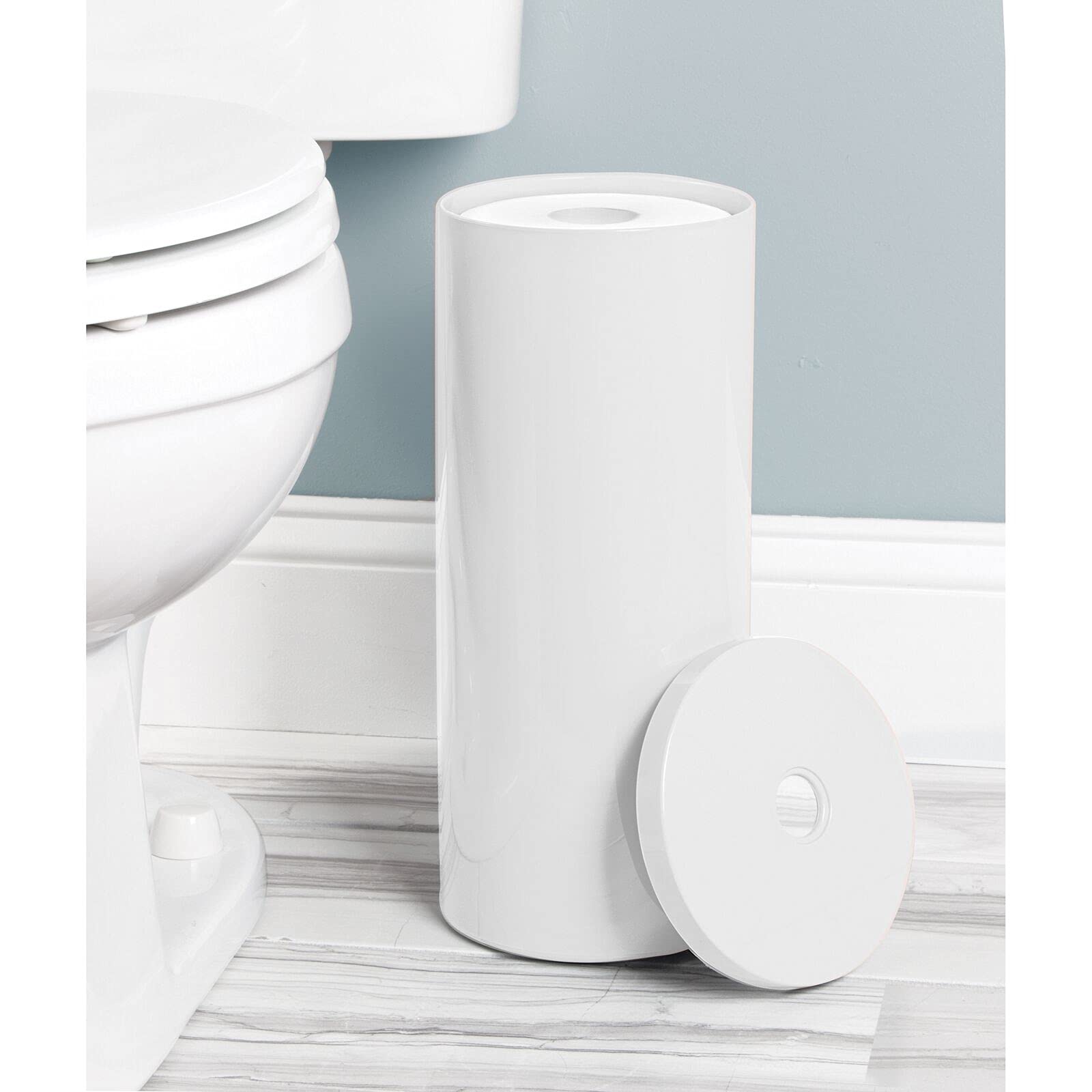 mDesign Plastic Floor Stand Toilet Paper Organizer with Cover, 3-Roll Space-Saving Tissue Storage for Bathroom - Fits Under Sink, Vanity, Shelf, in Cabinet, Corner - Aura Collection - White