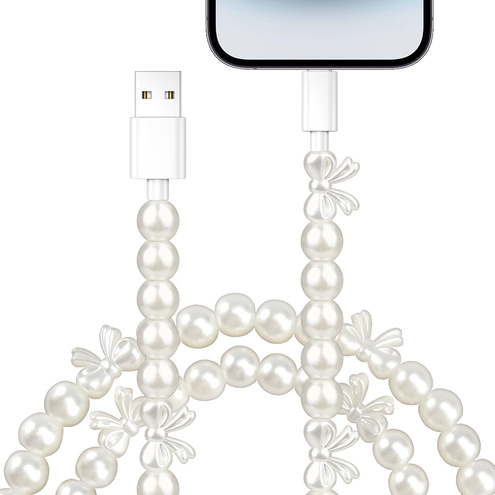 for iPhone Charger Cord [MFi Certified] Beaded Pearl iPhone Fast Charging Cable for iPhone 14 13 12 11 Plus Pro Max Cute Bowknots Phone Charger Cord