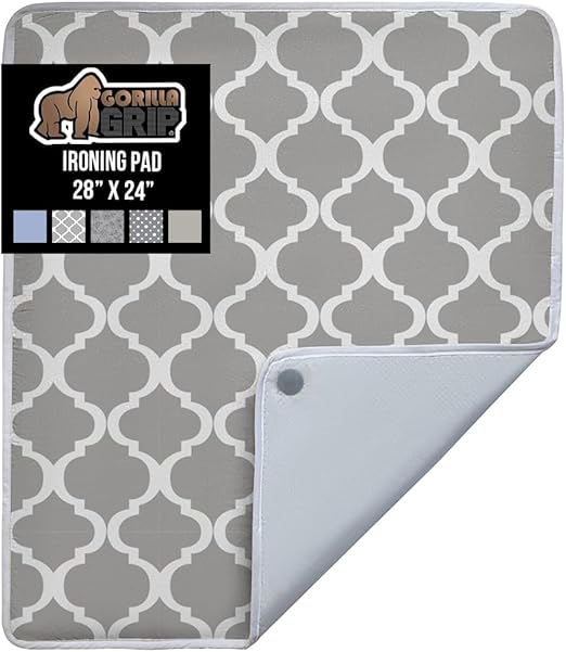 GORILLA GRIP Ironing Mat, Portable Iron Pad, Magnetic Cover and Padding for Top of Washer, Dryer, Tabletop, Countertop, Silicone Coating and Scorch Resistant, Travel Size 28x24, Quatrefoil Gray White