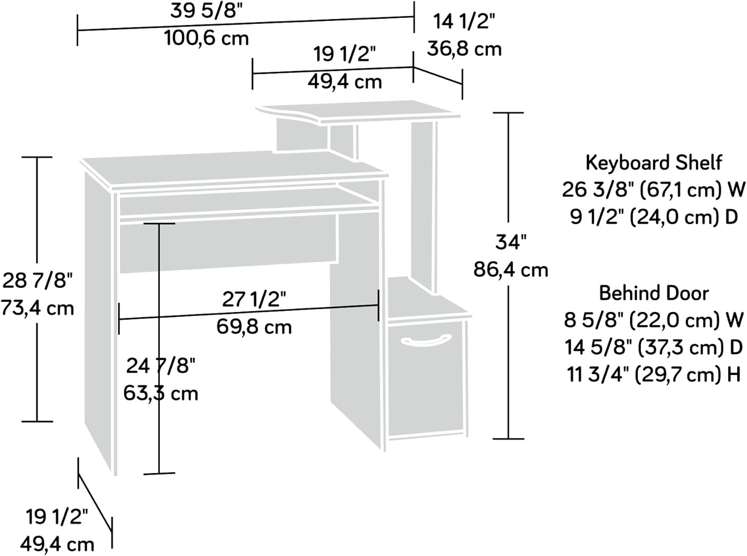 Diagram showing the dimensions of the Sauder Beginnings Collection Computer Desk, including measurements for the keyboard shelf and storage compartment.