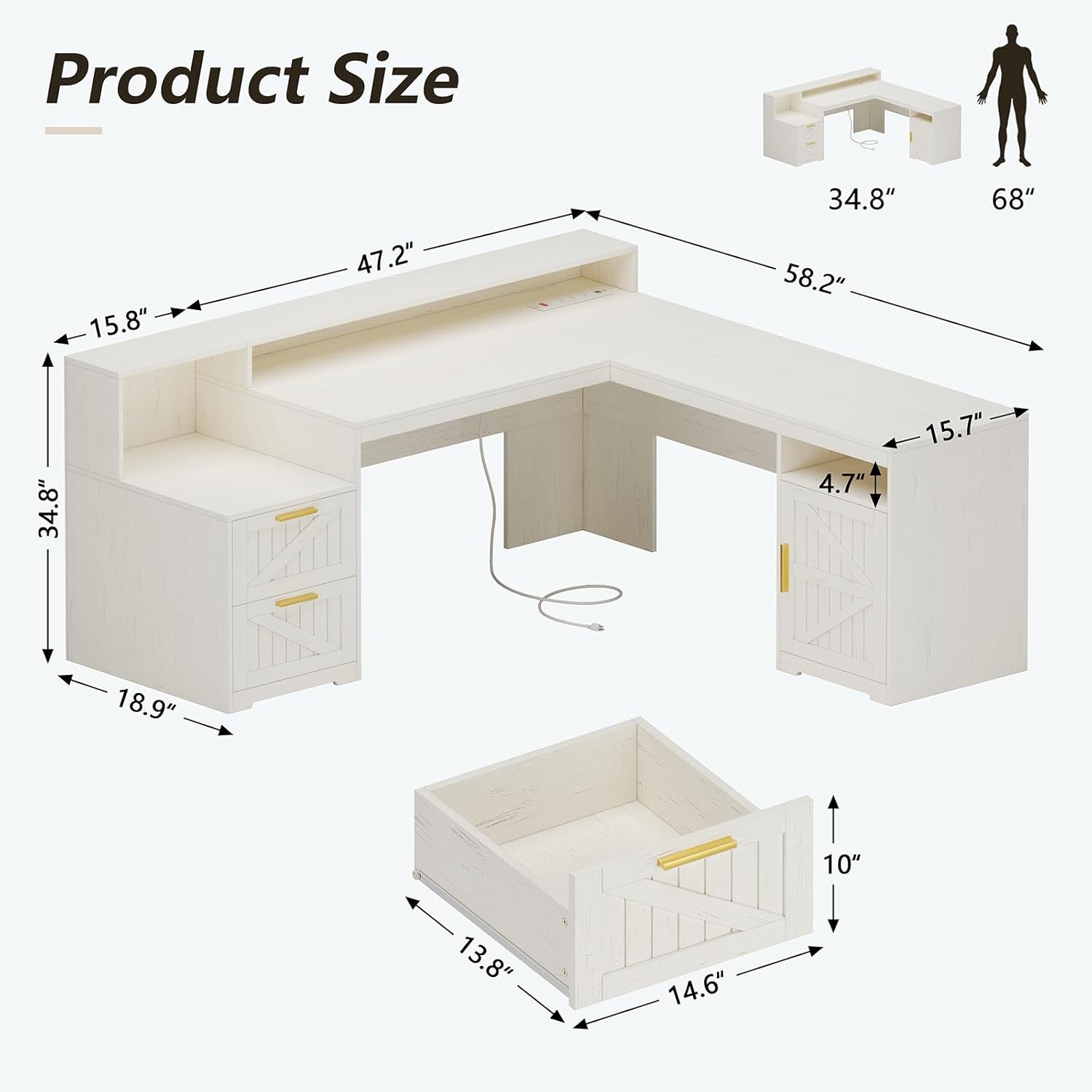 63" Farmhouse L Shaped Executive Desk with Drawers & Storage Shelf, Corner Computer Desk with Power Outlets, L Shaped Office Desk with Monitor Stand, Printer Shelf, White