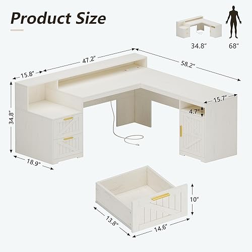 Miniatura 2 de Escritorio Ejecutivo en Forma de L Estilo Granja de 63" con Cajones y Estante de Almacenamiento, Escritorio de Esquina para Computadora con Tomas
