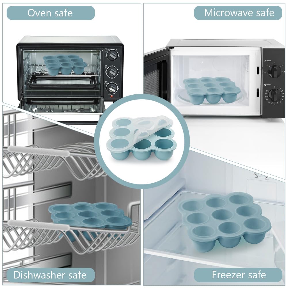 Aolso Recipiente para comida, Bandeja de Silicona para Comida,Silicona para Cubitos de Hielo, Envase de silicona para Congelar Alimentos y Papillas, Recipiente Molde para Comida,Azul -9cuadrados