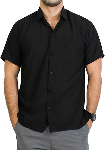 Vista 2 de LA LEELA Camisas casuales de manga corta con botones para hombre, para playa, verano, color liso, para trabajo, vacaciones, campamento, camisas