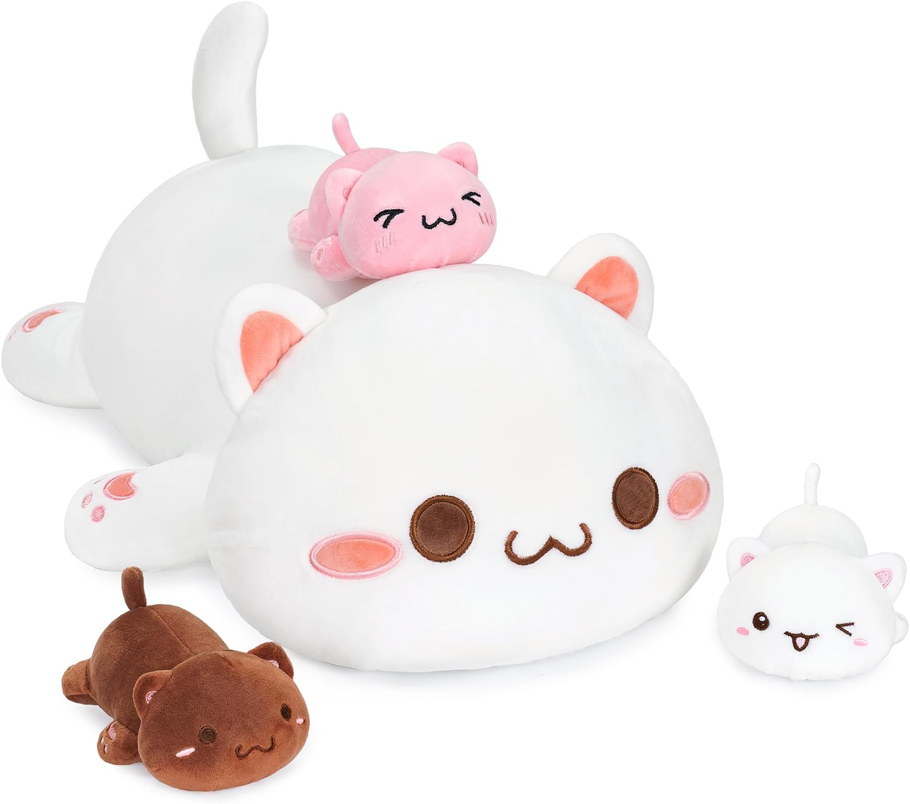 - Cat Stuffed Animal Mommy 19.7" with 3 Kitty Plushies, 4 Piece of Cute Cat Plush Pillow Toys for Kids Girls Boys (White Cat Family)