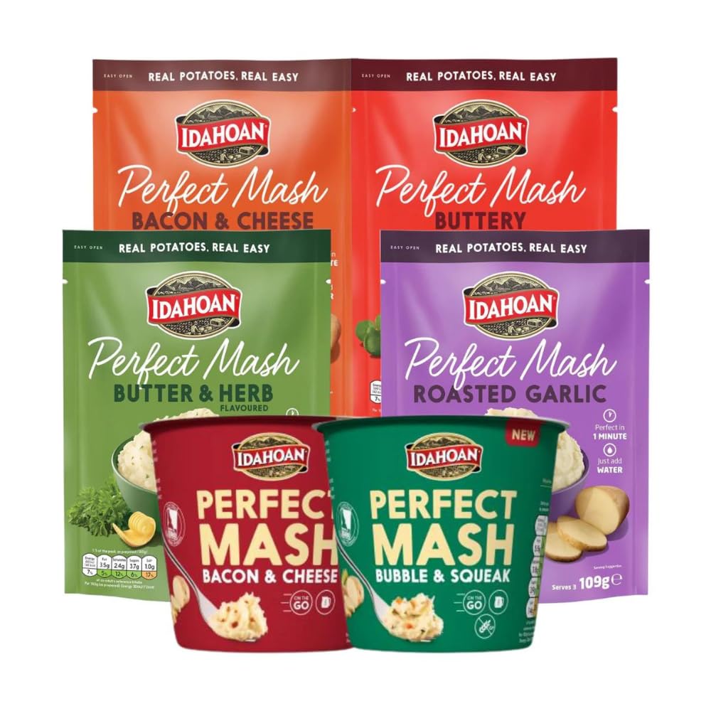 Idahoan Perfect Mash Potatoes Variety Bundle 4 sachets (109g each) & 2 pots (55g each)- Bacon & Cheese, Buttery, Butter & Herb, Roasted Garlic, Bacon & Cheese and Bubble & Squeak