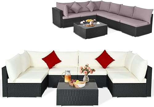 Tangkula Juego de muebles de patio de 7 piezas, sofá modular para exteriores con 2 almohadas y cojines, juego de conversación de sofá de mimbre con
