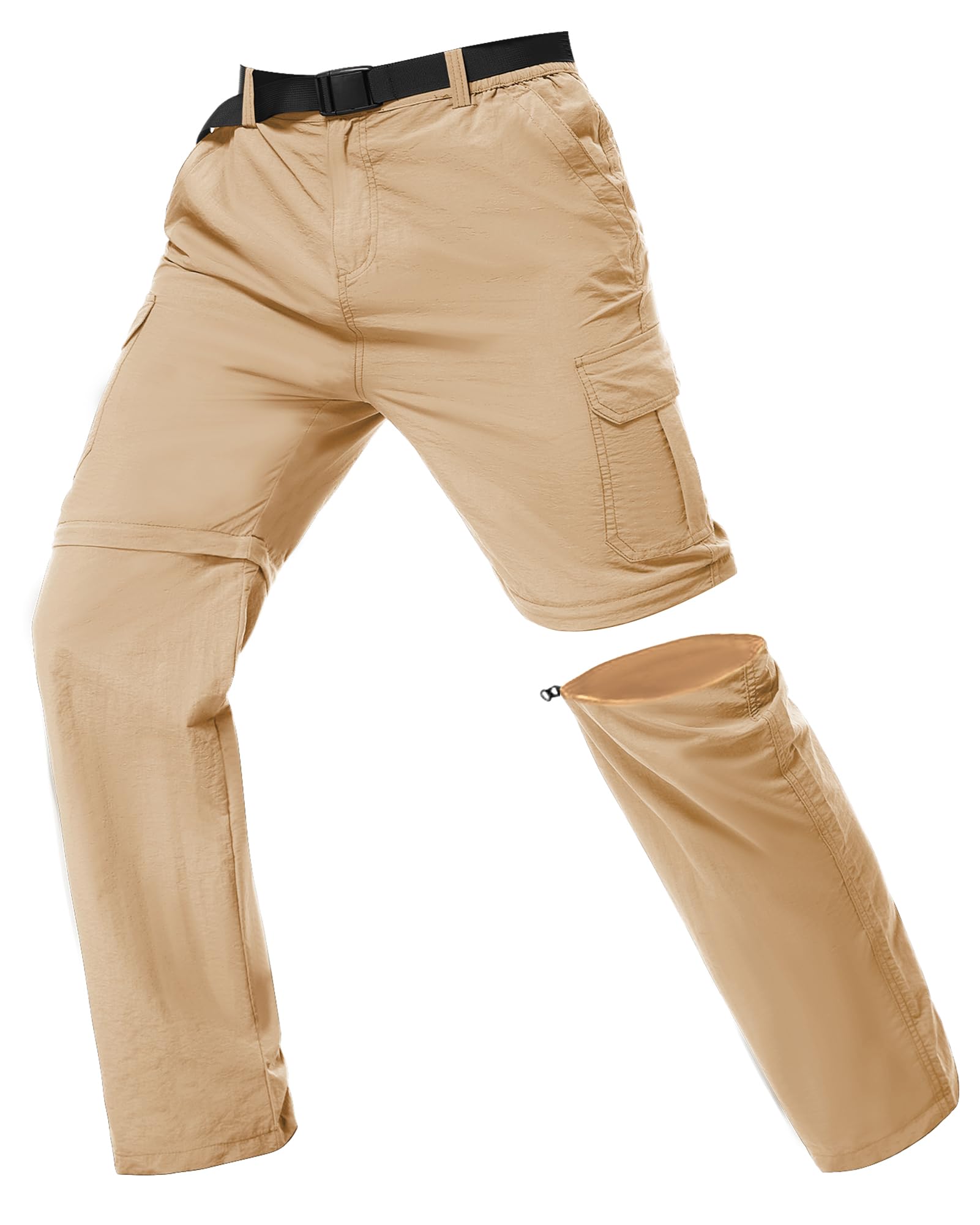 Pantalon de Randonnée pour Hommes Zip Off Amovible Léger Pantalon de Trekking, Respirant à Séchage Rapide Outdoorhose Softshellhos Pantalon de Travail D'été avec Ceinture Kaki L