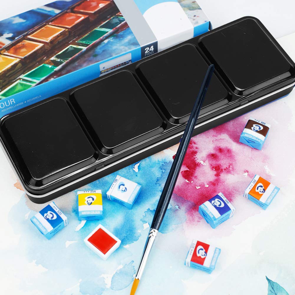 Sturdy Metal Palette Box, Tinplate Watercolor Box Black Anti-Skid 24 Colors for Artists Students Kids Beginners and Art Lovers