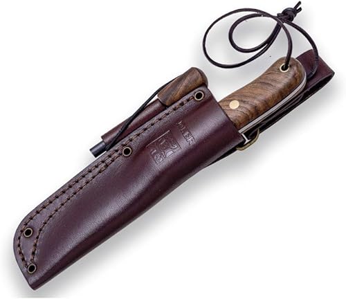 Miniatura 8 de Joker Cuchillo de caza Trampero S CN124, mango de madera de nogal, hoja de 3.94 pulgadas en acero Sandvik 14C28N, funda de cuero marrón, herramienta
