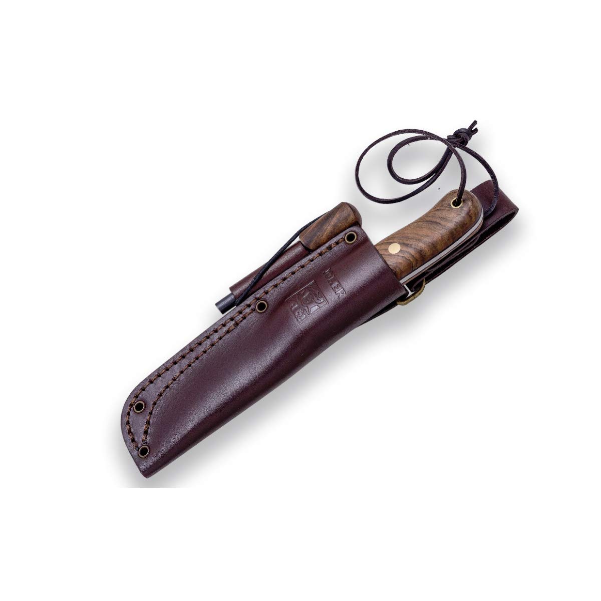 Joker Jagdmesser Trampero S, Klinge 10 cm, Walnussholzgriff, braune Lederscheide mit Feuerstahl, Gürtelmesser mit Sandvik Stahl 14C28N, Werkzeug zum Angeln, Jagen, Camping und Wandern