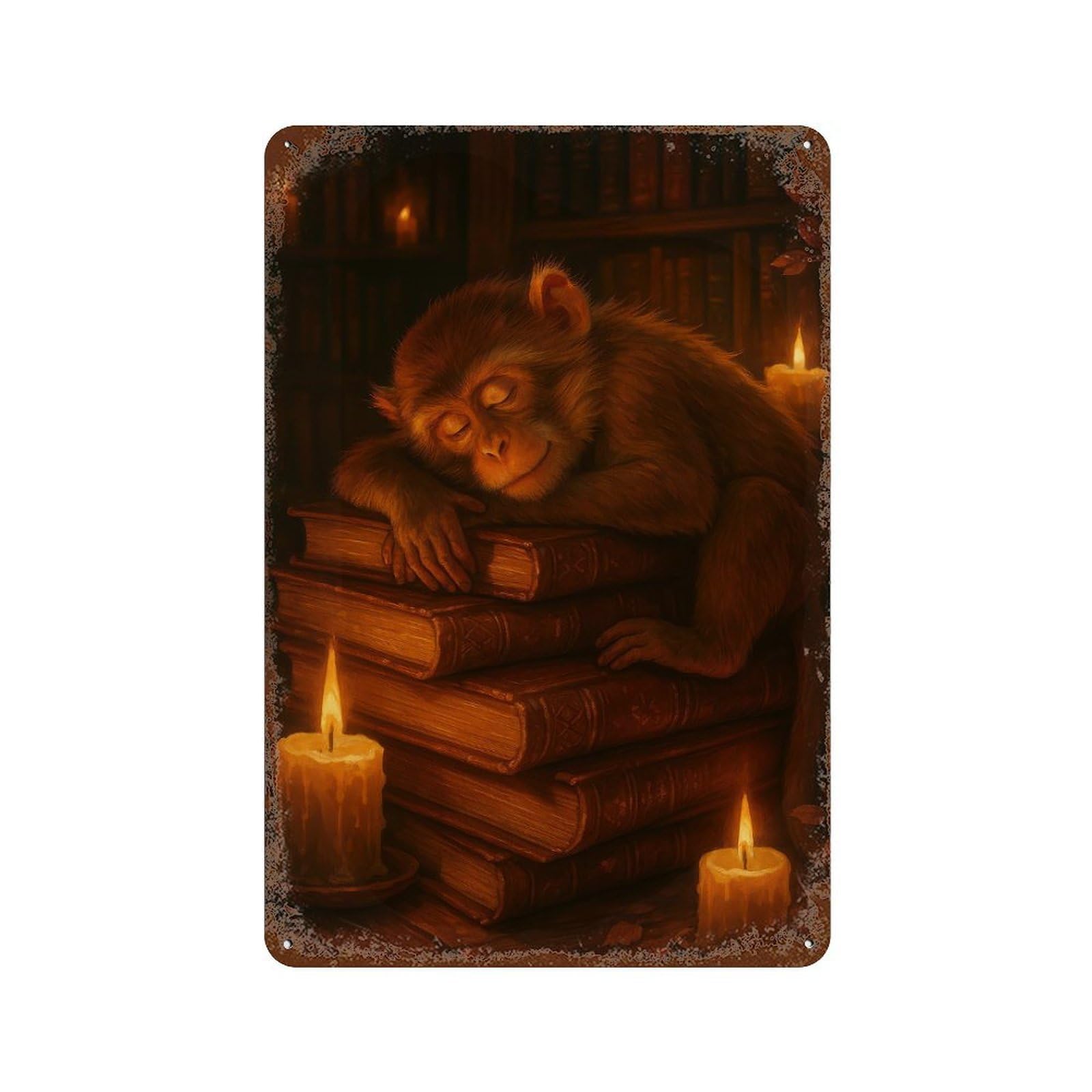 Rust Effect Sleeping Monkey on Books with Candles Weathered Tin Sign 11.8"x7.9", Shabby Chic Decor for Patio, Garden Room And Bar Decor