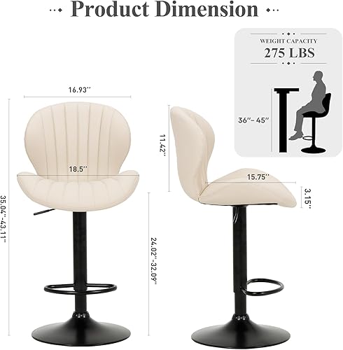 Miniatura 2 de COLAMY Juego de 2 taburetes de bar, modernas sillas de bar giratorias, taburetes tapizados de piel sintética ajustable, altura de mostrador con