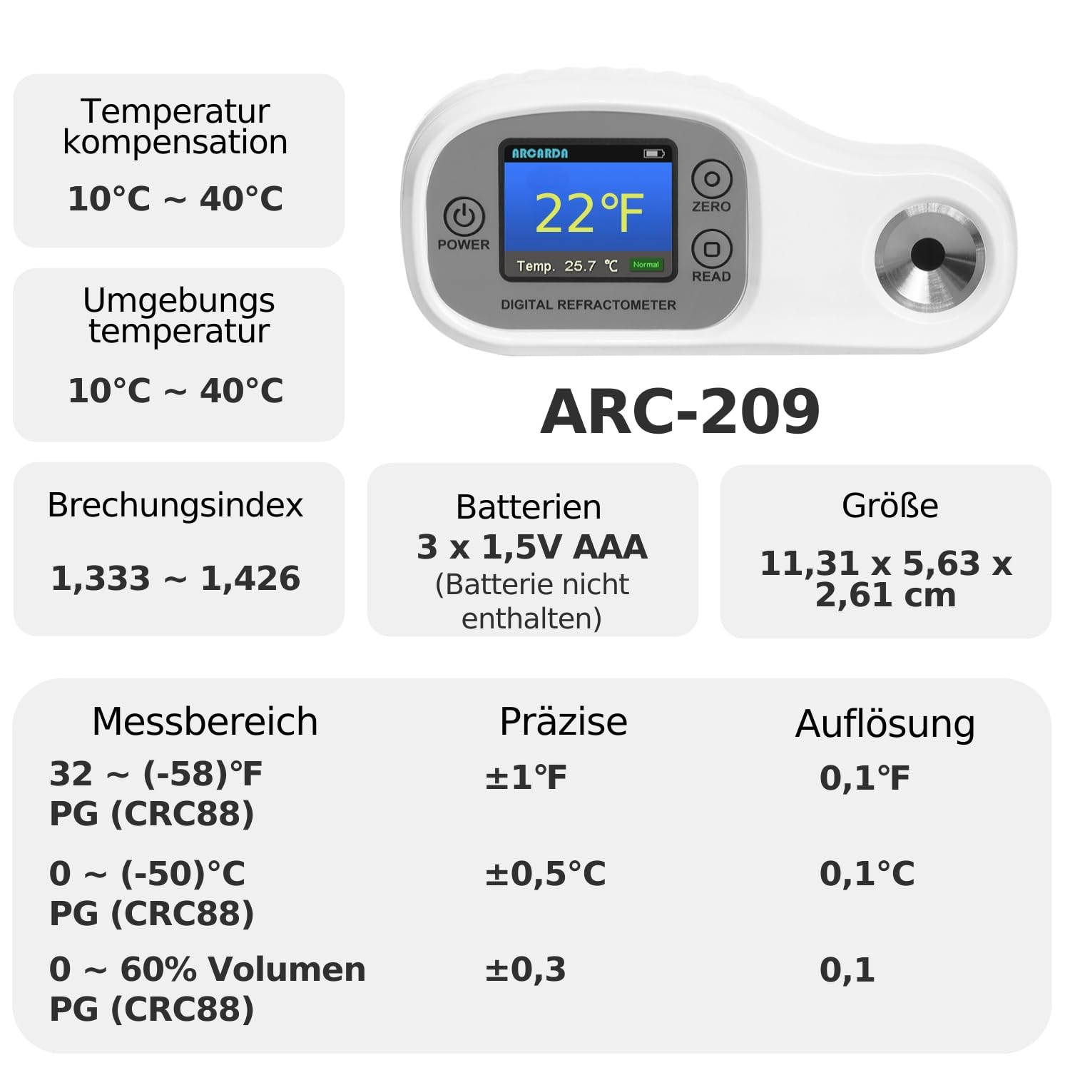 Digitales Refraktometer Frostschutz Refraktometer Frostschutz Messgerät Frostschutz Prüfgerät Frostschutzmessgerät ATC PG (CRC88) Gefrierpunkt 32 ~ (-58) °F, 0 ~ (-50) °C, PG (CRC88) 0~60% Volumen