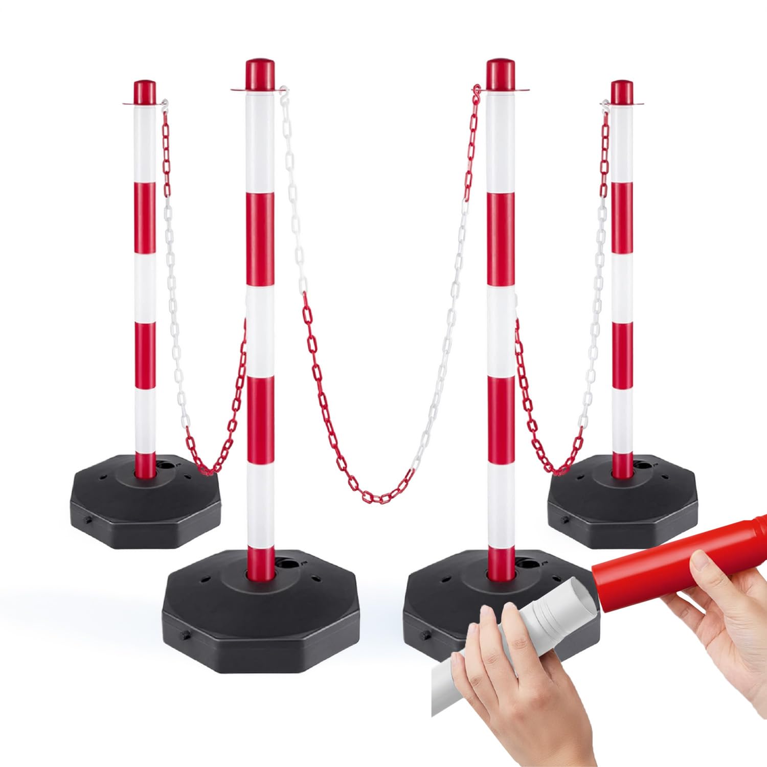 Paletti Delimitazione Set 4 con Catena 2 Metri e Base Zavorrabile 3L – Dissuasore Parcheggio PE Alta Visibilità, Paletti Parcheggio Privato, Paletti per Recinzione Interno Esterno