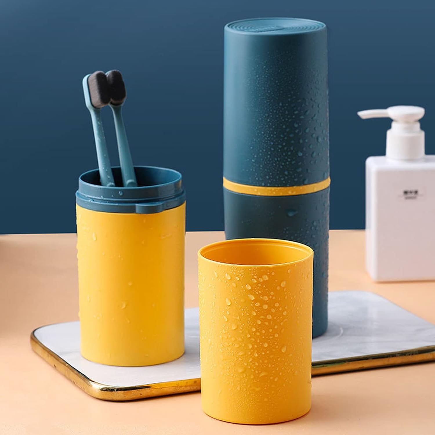 2 PCS Travel Toothbrush Holder, Portable Toothbrush Box, Brushing Teeth Cup, Toothpaste Storage with Lid for Home Camping Travel Business Trip Blue, Yellow 6 6153pBfXUgL. AC SL1500