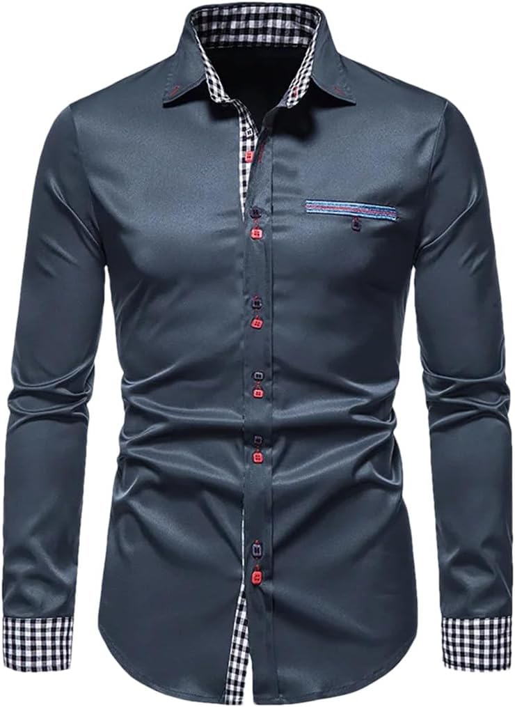 Men's Patchwork Dress Shirt Long Sleeve Button Down Slim Fit Business Shirt Regular Fit Navy A220 S