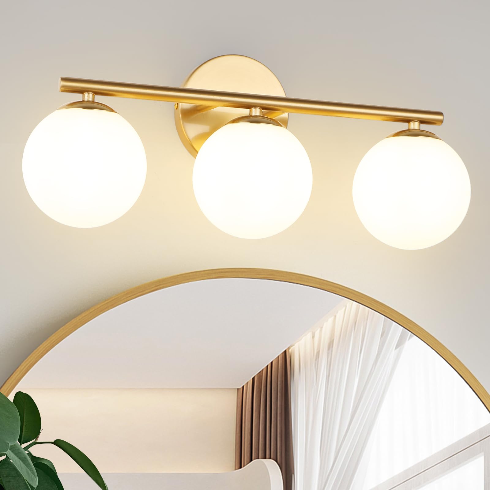 foucasal Globe Bathroom Light Fixtures 3-Light Brass Gold Vanity Light with Plastic Milk White Globe Shades 11.81 inch Wall Sconce Lighting Over